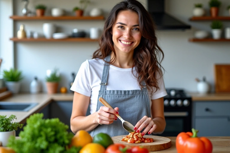 Donna sorridente che prepara un pasto sano in cucina
