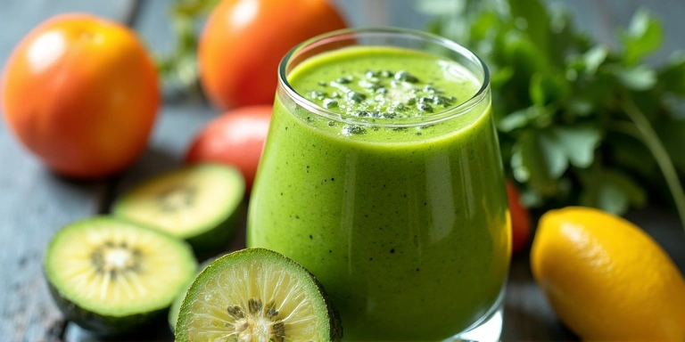 Una ciotola di smoothie verde con frutta fresca
