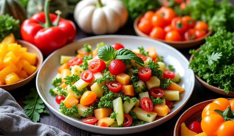 Piatti colorati ricchi di verdure e frutta fresca, che rappresentano una dieta ricca di fibre.